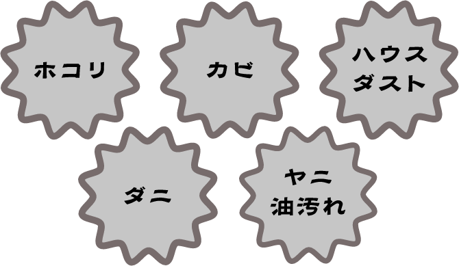 ホコリ カビ ハウスダスト ダニ ヤニ油汚れ